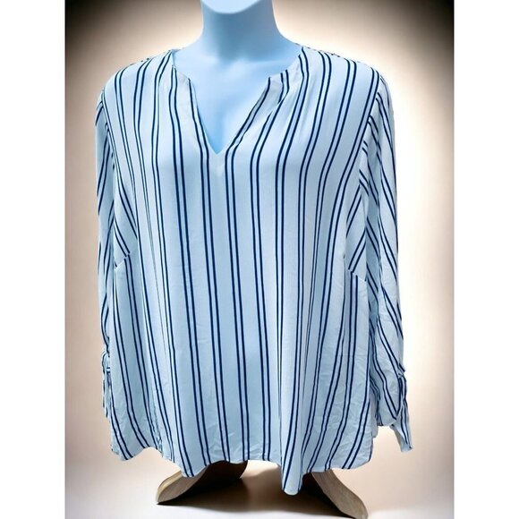MICHAEL MICHAEL KORS BLUE WHITE STRIPED VNECK LIGHTWEIGHT NAUTICAL TUNIC TOP 2X - Picture 9 of 10
